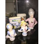 Two Masons small pots and three porcelain pin cushion dolls Catalogue only, live bidding available