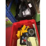 A crate and a toolbox of misc tools to include adjustable reamers, boxed micrometer, masonry drill