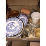 A box of mixed pottery, glassware, plates , planters, cruet set etc Catalogue only, live bidding