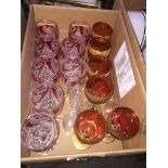 Box with two sets of coloured and gilt glasses etc. Catalogue only, live bidding available via our