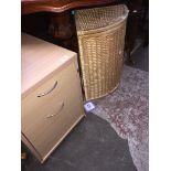 A wicker laundry basket, a tripod table and a filing cabinet Please note, lots 1-1000 are not