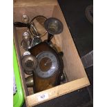 Wooden crate of metalware and a clock Please note, lots 1-1000 are not available for live bidding on