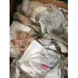 A box of antique and vintage linen, crochetware, etc. Please note, lots 1-1000 are not available for