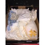 A box of antique and vintage linen to include Masonic, etc. Please note, lots 1-1000 are not