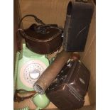 A box of misc to include vintage lime green house telephone, Zeiss Ikon Nettar camera, Yashica-