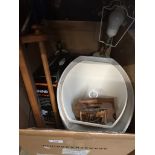 A box of misc to include 2 table lamps, fan heater and wooden towel rail Please note, lots 1-1000