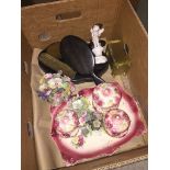 A box of pottery, ebony dressing table set, carriage clock, etc. Please note, lots 1-1000 are not