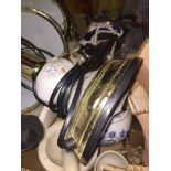 A box of misc items, table lamp, pottery, brass, platedware, pestle and mortar, etc. Please note,