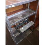 Metal garage storage shelves and a metal toolbox with tools Please note, lots 1-1000 are not