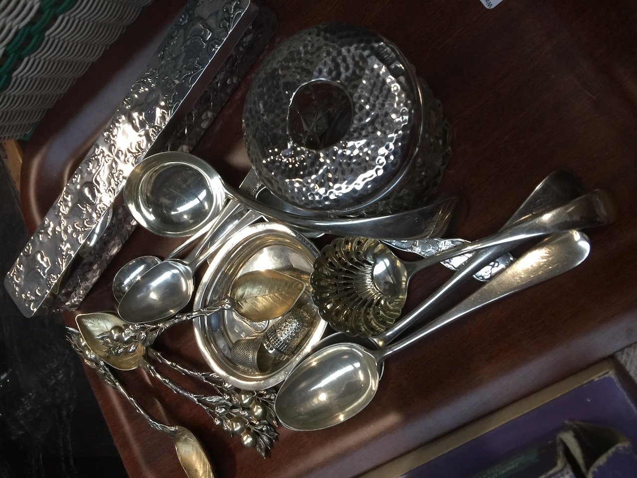 A tray of assorted hallmarked and foreign silver comprising a set of four Gorham Sterling "Orange"