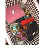 Plastic basket of costume jewellery Please note, lots 1-1000 are not available for live bidding on