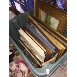 A box of assorted framed pictures including oils and watercolours. Please note, lots 1-1000 are