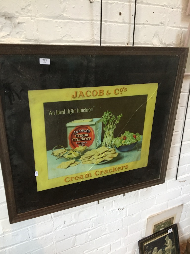 A vintage Jacob & Co's Cream Crackers reverse glass print, 70cm x 80cm, framed - Damaged. Please