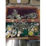 Mahogany box of costume jewellery Please note, lots 1-1000 are not available for live bidding on