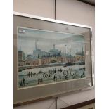 After L.S. Lowry, 'Northern river scene', print, 42cm x 63cm framed and glazed. Please note, lots
