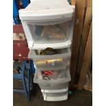 A multidrawer plastic unit containing various haberdashery and artist's items. Please note, lots 1-