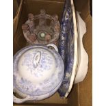 A large blue and white platter, a large tureen, an ornament. Please note, lots 1-1000 are not