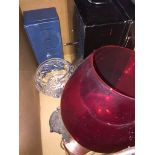 A box of misc, to include large red goblet, 2 metal boxes, glass bowl, etc Please note, lots 1-