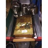 Stainless steel teaware, food tray and a tin box. Please note, lots 1-1000 are not available for