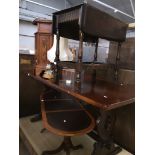 An oak refectory table, leather top repro coffee table, oak drop leaf trolley, hexagonal cabinet and