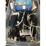 A box of misc electrical leads, diabetes management system, spectacles, adaptors, etc. Please