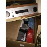 A box of electrical items including Bush micro hifi, house telephones, Derens turntable / radio,