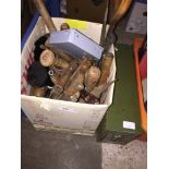 A box of woodworking tools and a small metal filing cabinet. Please note, lots 1-1000 are not