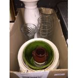 A box of ceramics and glass vases Please note, lots 1-1000 are not available for live bidding on