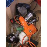 A box of misc electrical items, etc to include electric drill, gas blowtorch, air compressor, tools,