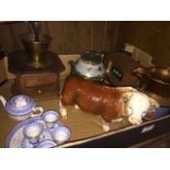 Box of various items inc. grinder, jug. pottery cow etc. Please note, lots 1-1000 are not