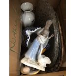 A box of mixed items, two Nao style figures, glass bowl, pottery vases etc Please note, lots 1-