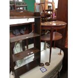 An oak open bookcase and a 2 tier demi lune table Please note, lots 1-1000 are not available for