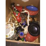 Box with oriental lacquer items, spelter figure, Chinese teapot etc. Please note, lots 1-1000 are