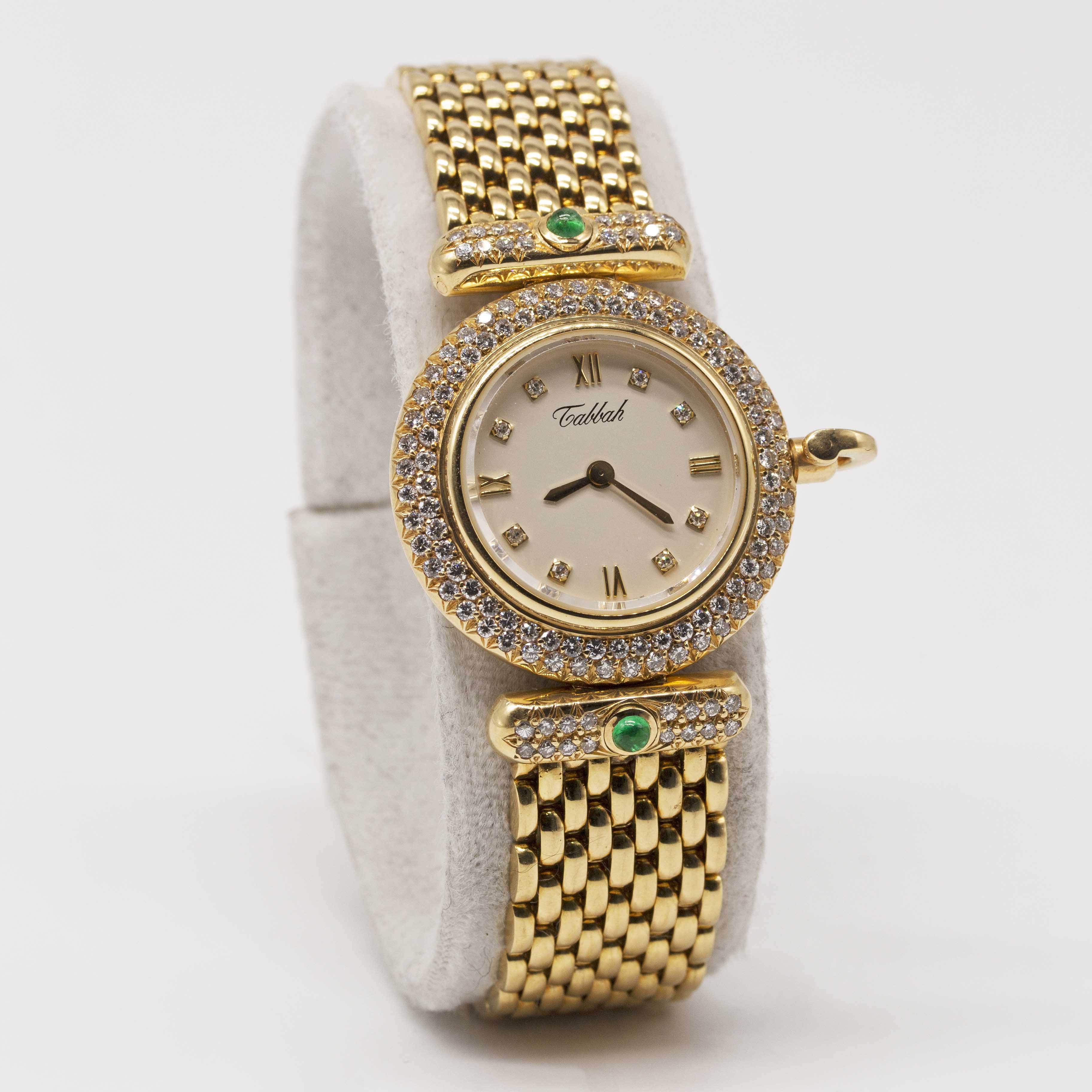 A LADIES 18K SOLID GOLD, DIAMOND & EMERALD TABBAH BERET BRACELET WATCH CIRCA 1990s, WITH ORIGINAL - Image 4 of 6