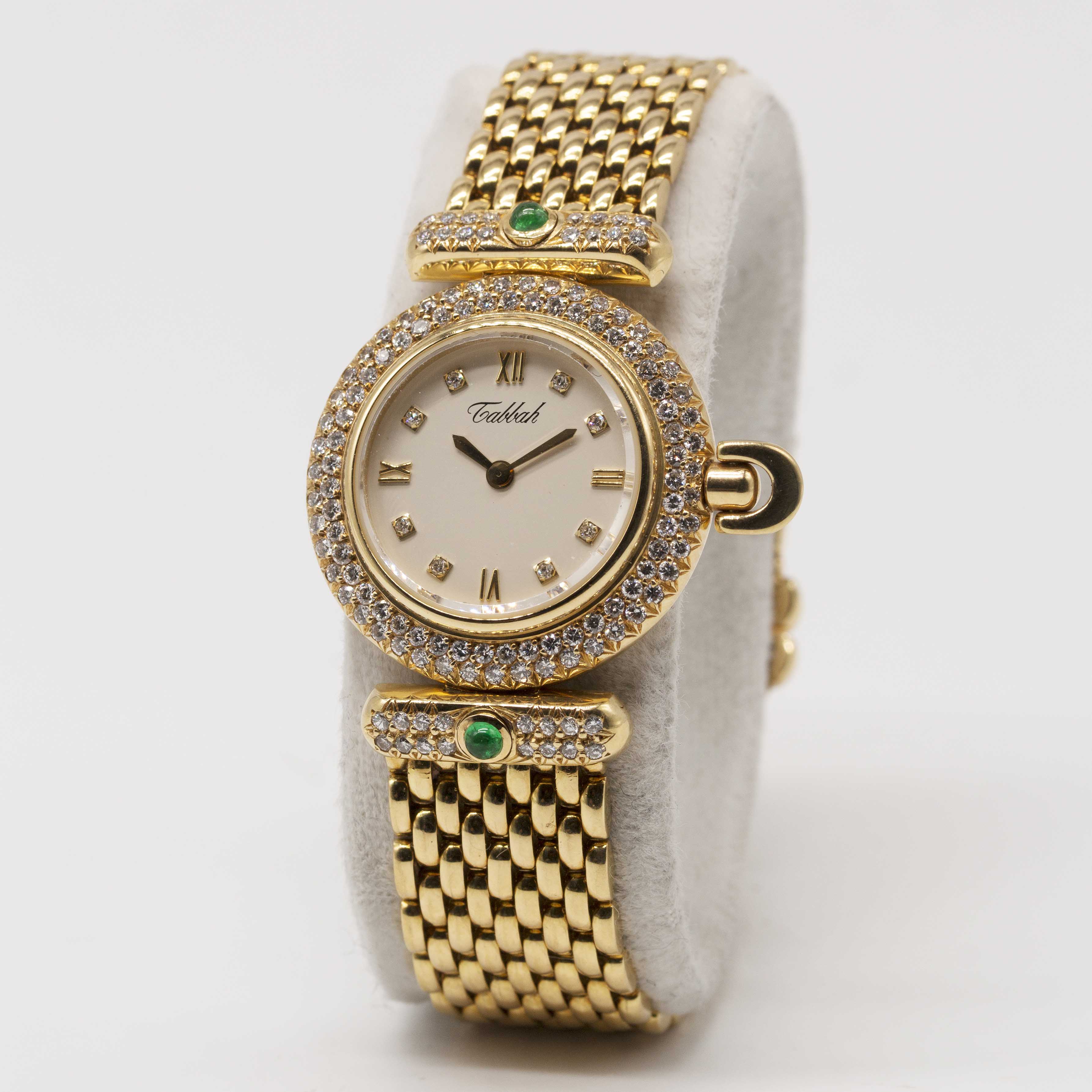 A LADIES 18K SOLID GOLD, DIAMOND & EMERALD TABBAH BERET BRACELET WATCH CIRCA 1990s, WITH ORIGINAL - Image 3 of 6