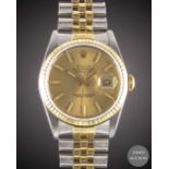 A GENTLEMAN'S STEEL & GOLD ROLEX OYSTER PERPETUAL DATEJUST BRACELET WATCH CIRCA 1987, REF. 16233