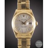A GENTLEMAN'S 18K SOLID YELLOW GOLD ROLEX OYSTER PERPETUAL DATE BRACELET WATCH CIRCA 1972, REF. 1503