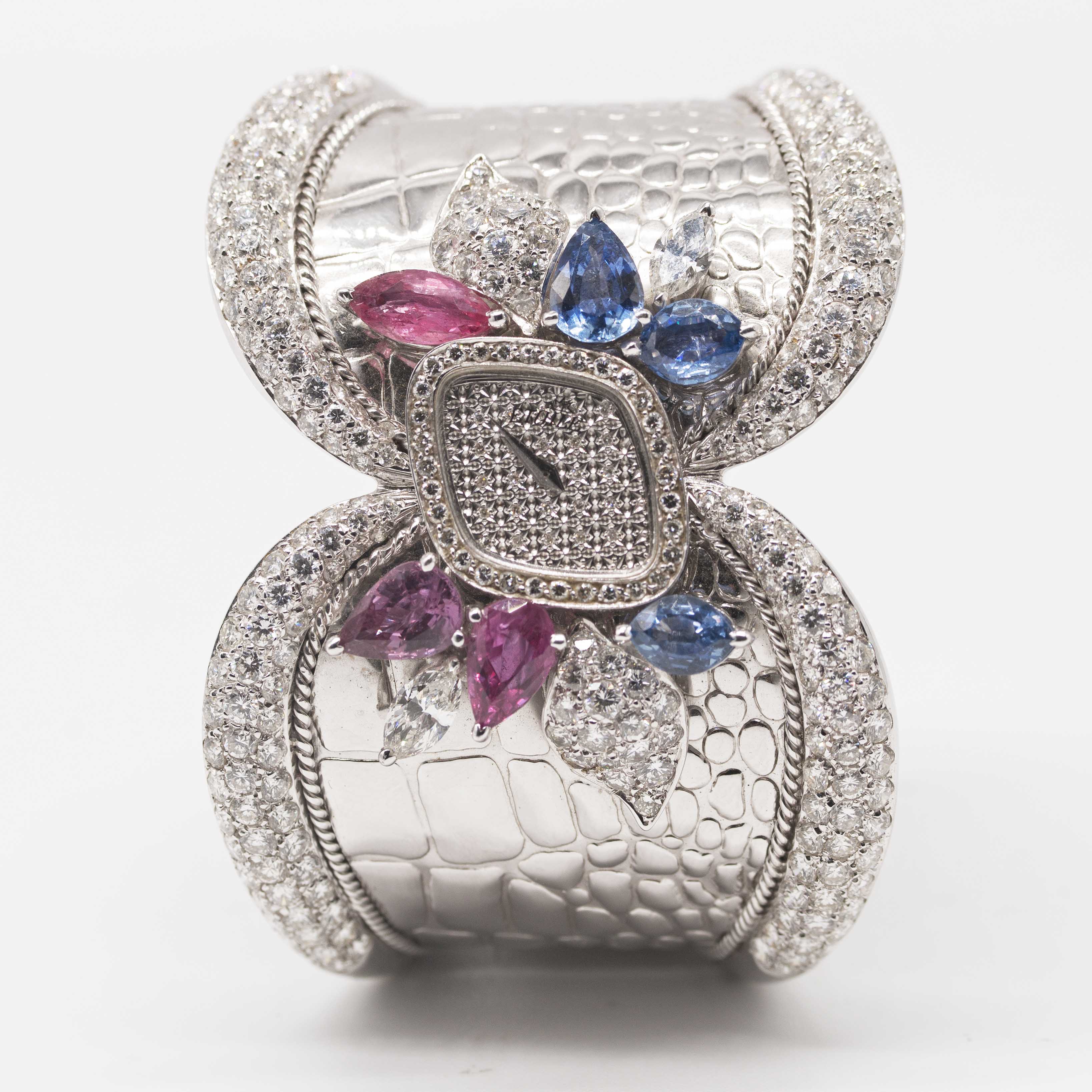 A LADIES 18K SOLID WHITE GOLD, DIAMOND, SAPPHIRE & RUBY ETOILE BRACELET WATCH CIRCA 1990s - Image 2 of 6