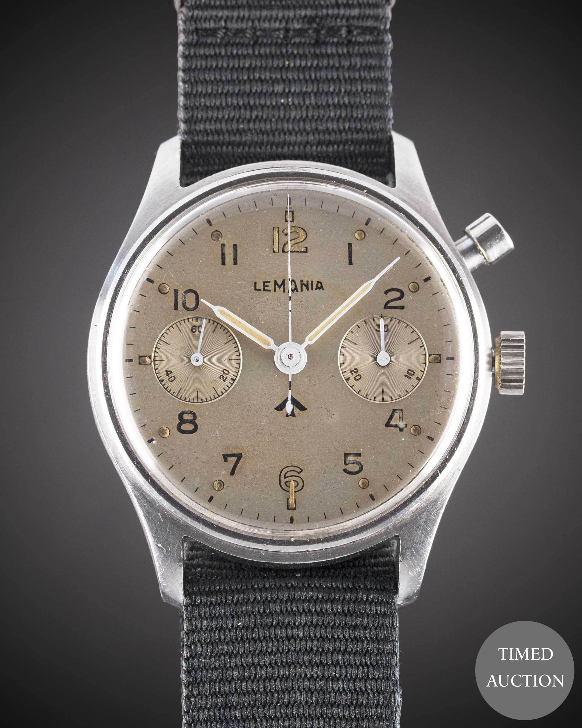 A GENTLEMAN'S STAINLESS STEEL BRITISH MILITARY LEMANIA SINGLE BUTTON ROYAL NAVY CHRONOGRAPH WRIST