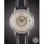 A GENTLEMAN'S STAINLESS STEEL JAEGER LECOULTRE MEMOVOX AUTOMATIC ALARM WRIST WATCH CIRCA 1960,