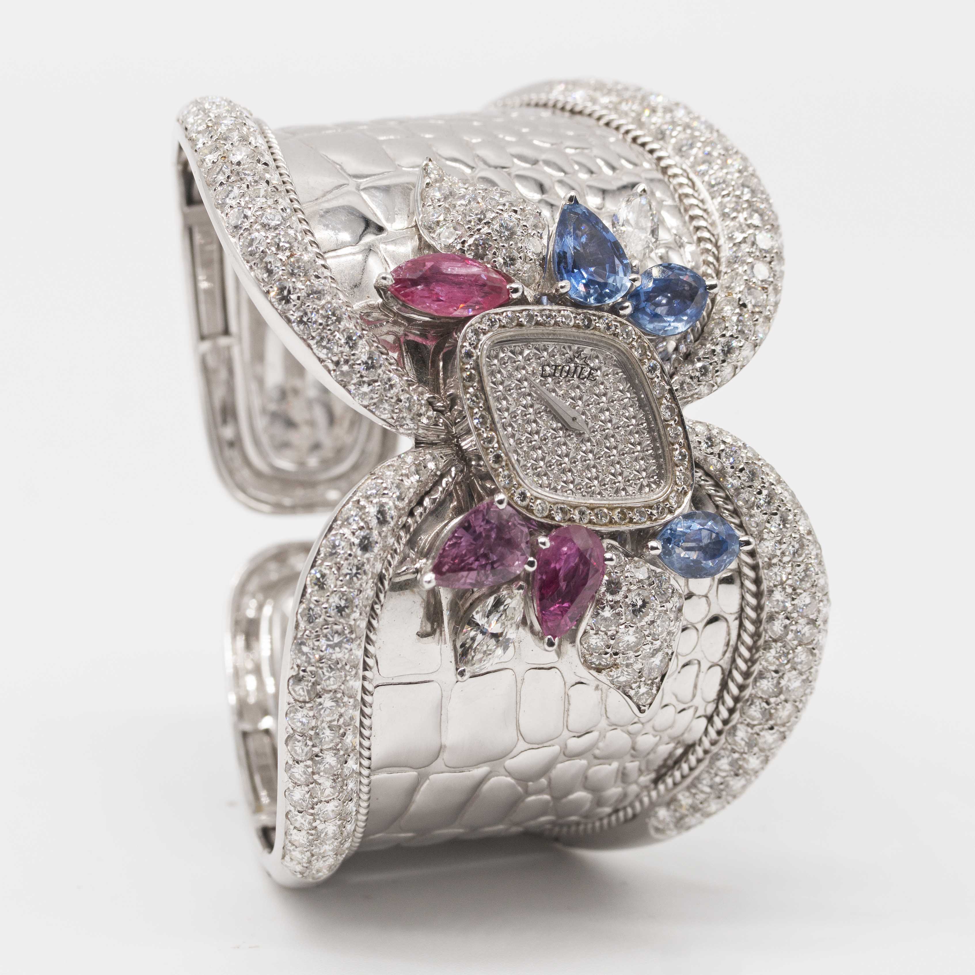 A LADIES 18K SOLID WHITE GOLD, DIAMOND, SAPPHIRE & RUBY ETOILE BRACELET WATCH CIRCA 1990s - Image 4 of 6