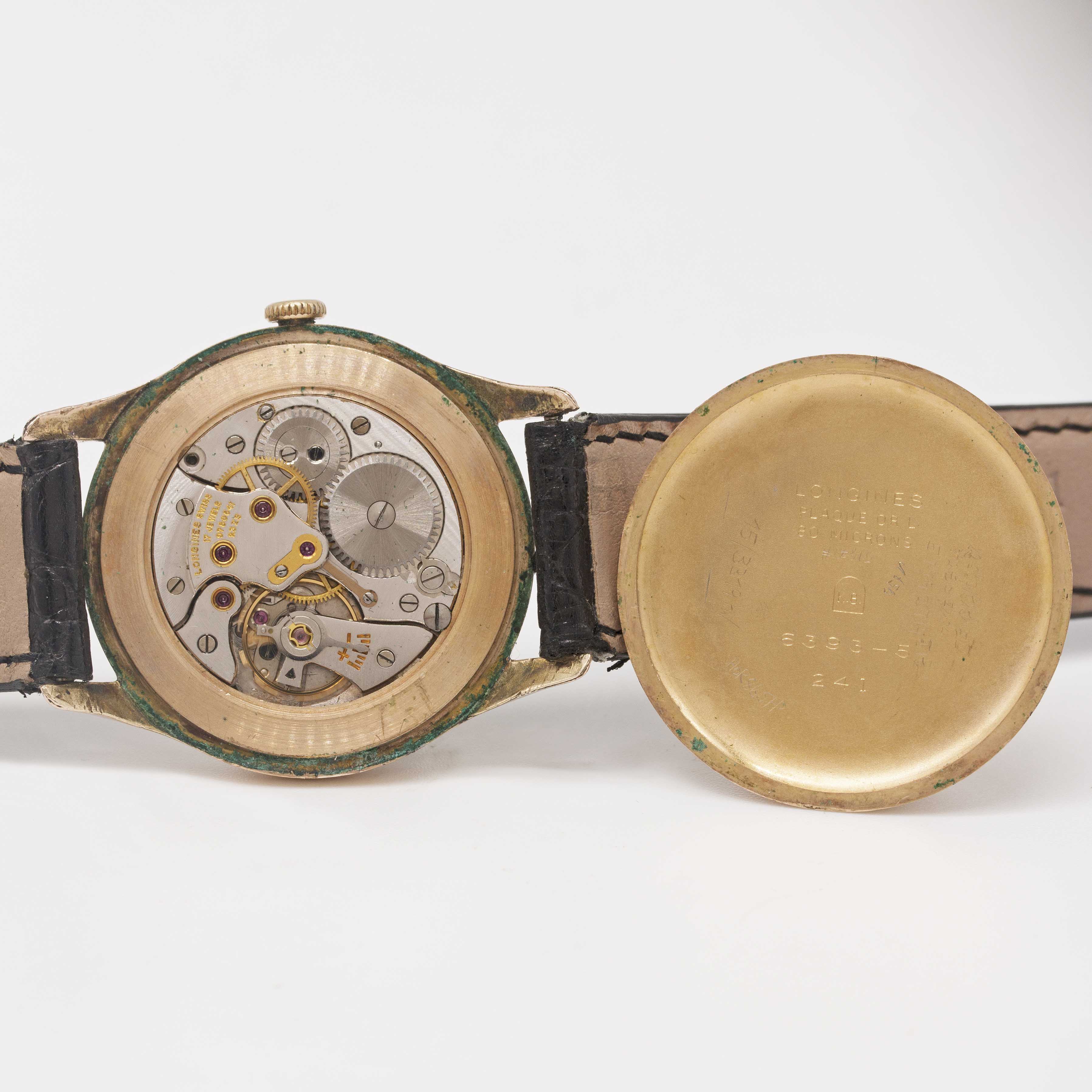 A GENTLEMAN'S PINK GOLD PLATED LONGINES WRIST WATCH CIRCA 1955, REF. 6393-5 TWO TONE SILVER DIAL - Image 6 of 6