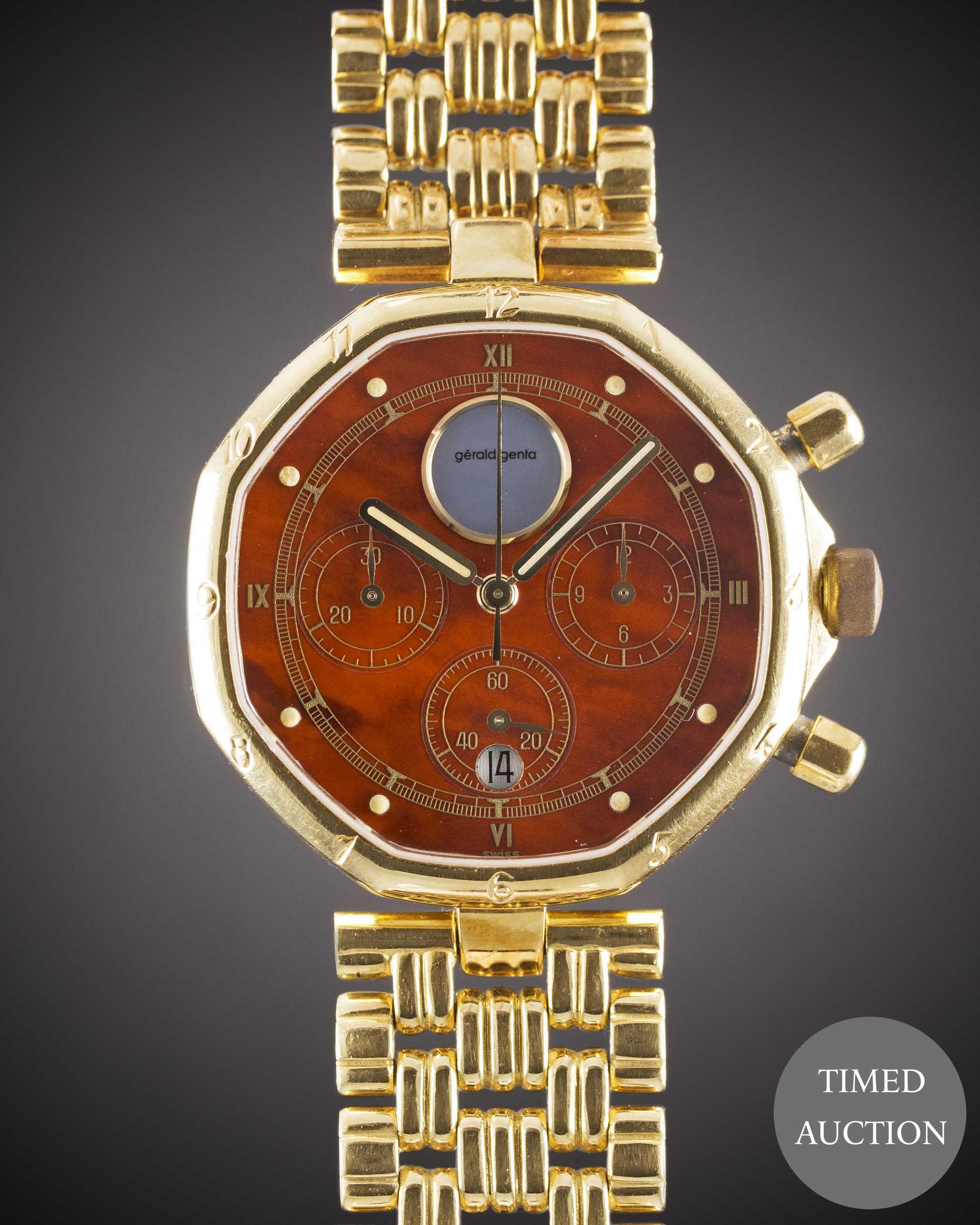 A GENTLEMAN'S 18K SOLID YELLOW GOLD GERALD GENTA CHRONOGRAPH BRACELET WATCH CIRCA 1990, REF. G