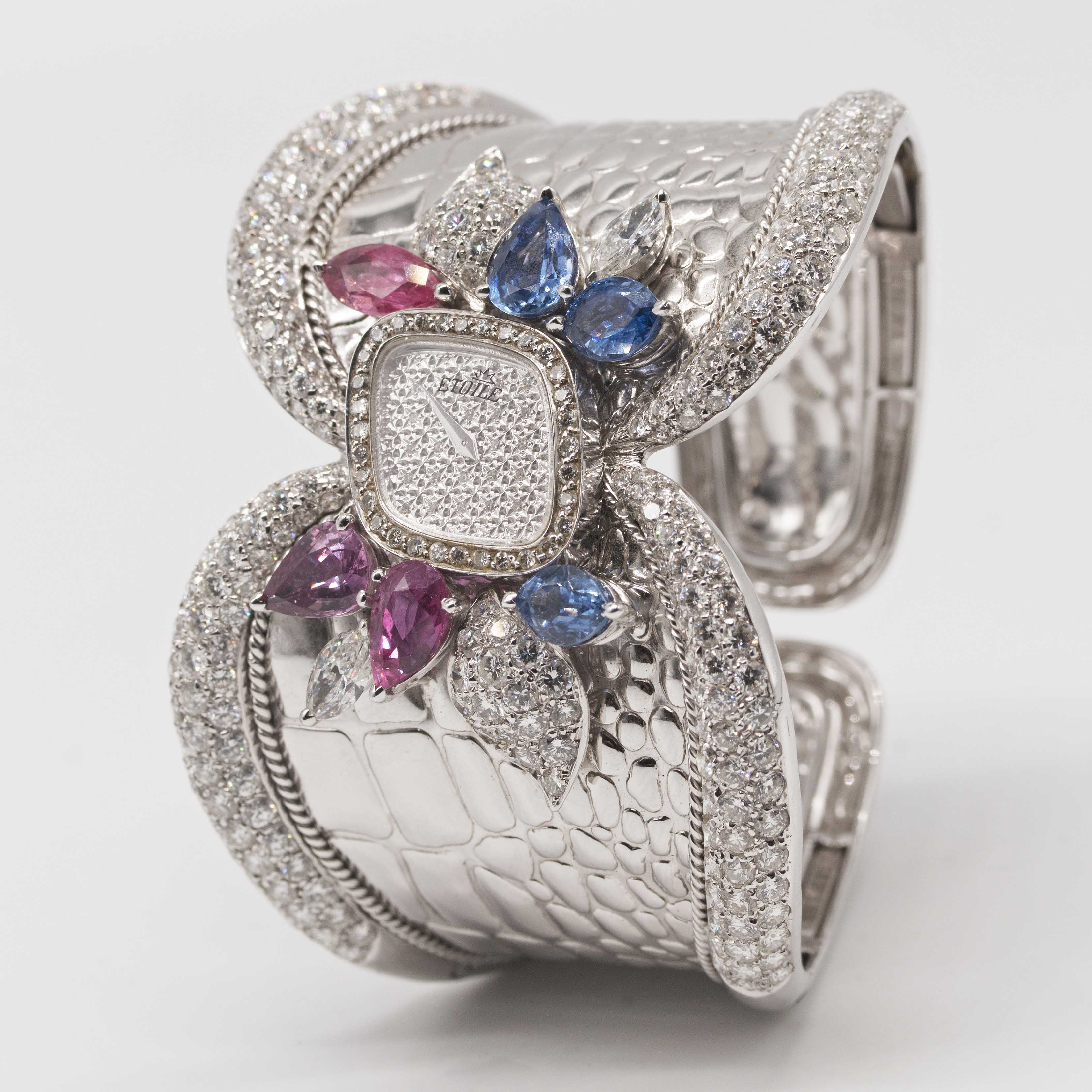 A LADIES 18K SOLID WHITE GOLD, DIAMOND, SAPPHIRE & RUBY ETOILE BRACELET WATCH CIRCA 1990s - Image 3 of 6