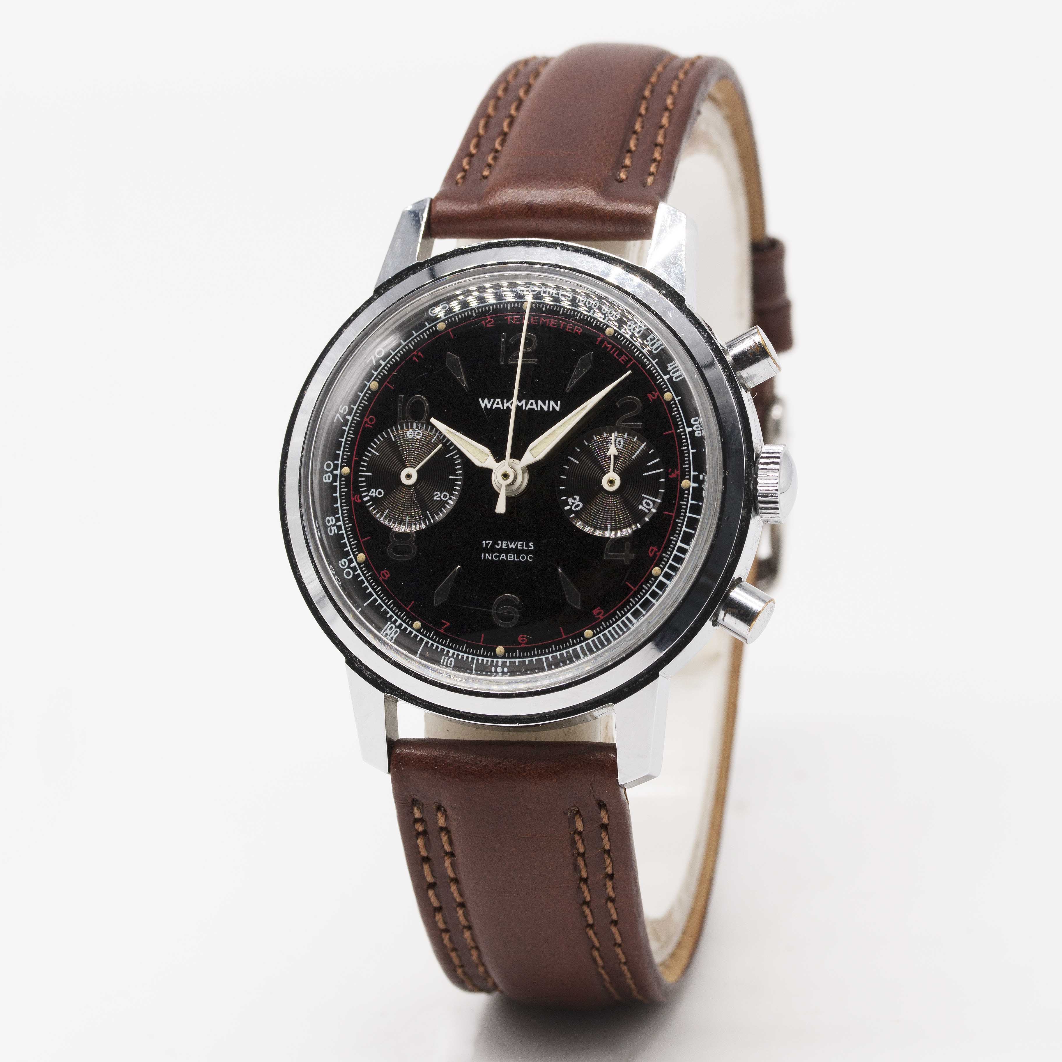 A GENTLEMAN'S WAKMANN CHRONOGRAPH WRIST WATCH CIRCA 1960s, WITH GLOSS BLACK DIAL Movement: 17J, - Image 3 of 6