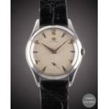A GENTLEMAN'S STAINLESS STEEL OMEGA WRIST WATCH CIRCA 1950, REF. 2503-14 HONEYCOMB DIAL WITH ROSE