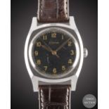 A GENTLEMAN'S STAINLESS STEEL ETERNA PILOTS WRIST WATCH CIRCA 1940, WITH BLACK GILT DIAL