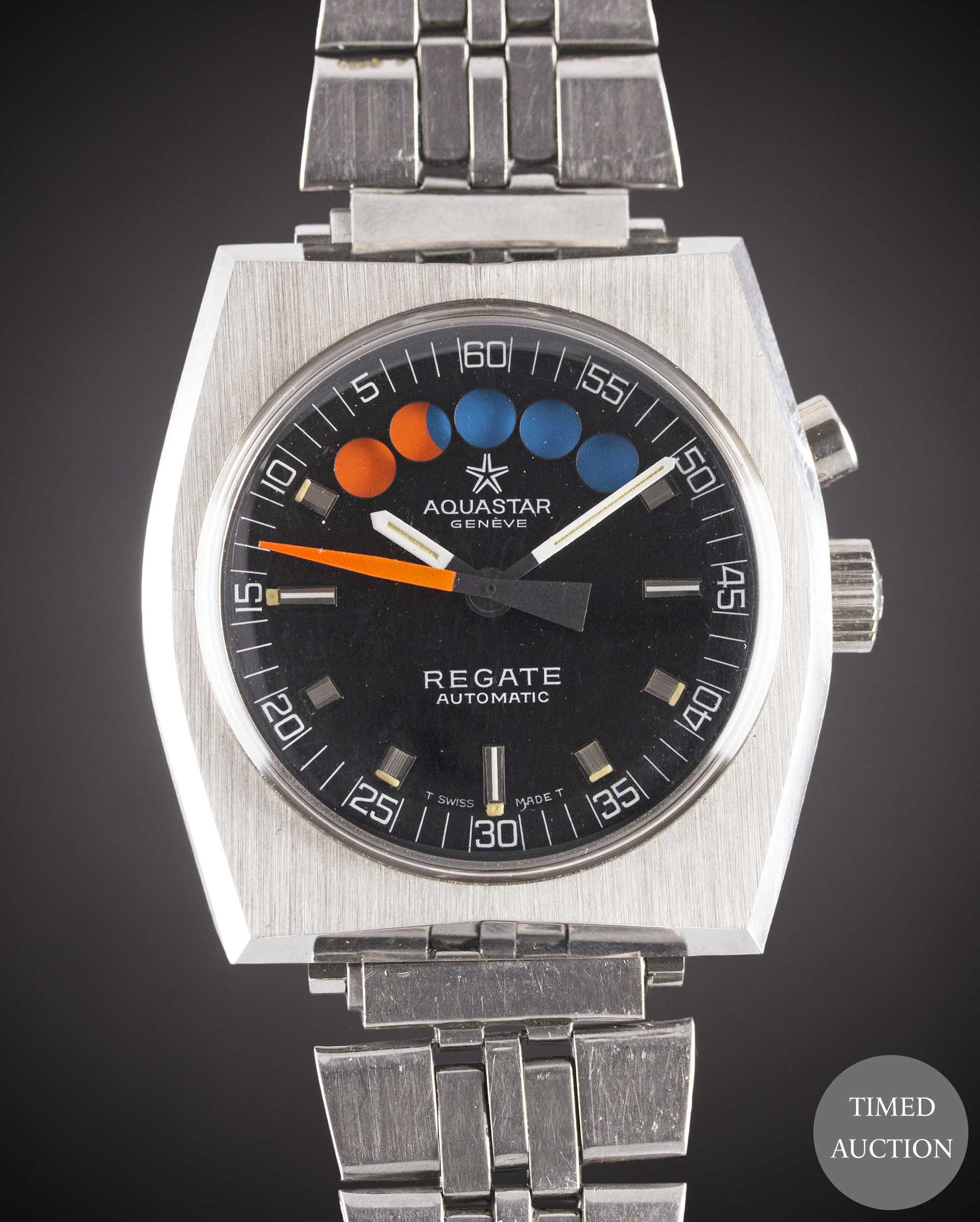 A GENTLEMAN'S STAINLESS STEEL AQUASTAR REGATE AUTOMATIC YACHTING BRACELET WATCH CIRCA 1970s, WITH