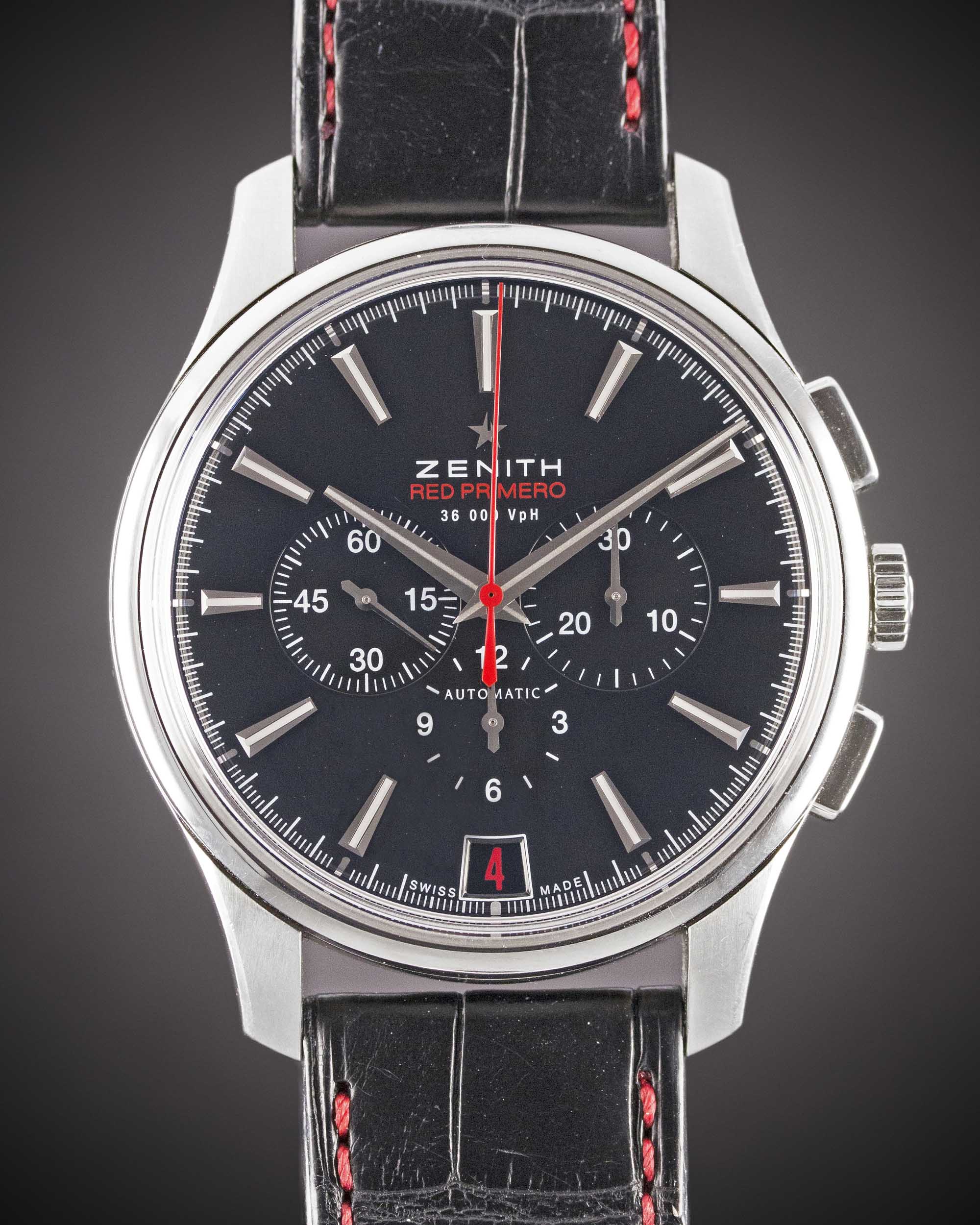 A GENTLEMAN'S STAINLESS STEEL ZENITH RED PRIMERO CAPTAIN AUTOMATIC CHRONOGRAPH WRIST WATCH DATED