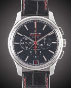 A GENTLEMAN'S STAINLESS STEEL ZENITH RED PRIMERO CAPTAIN AUTOMATIC CHRONOGRAPH WRIST WATCH DATED